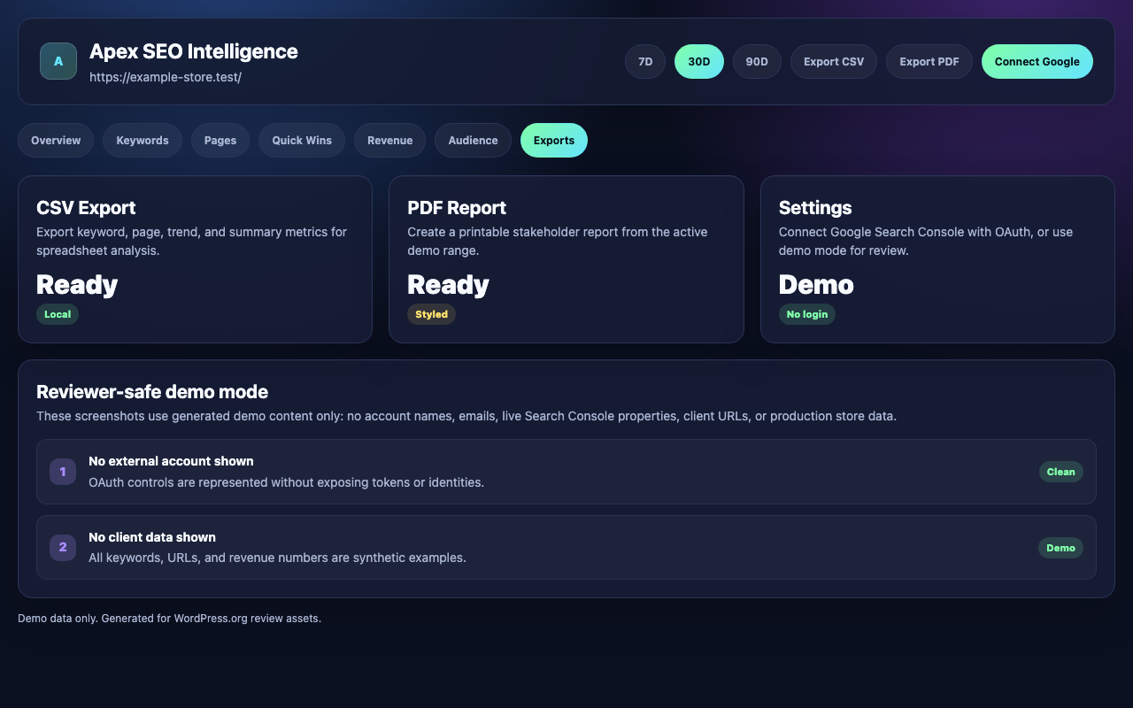 Apex SEO Intelligence demo exports screen
